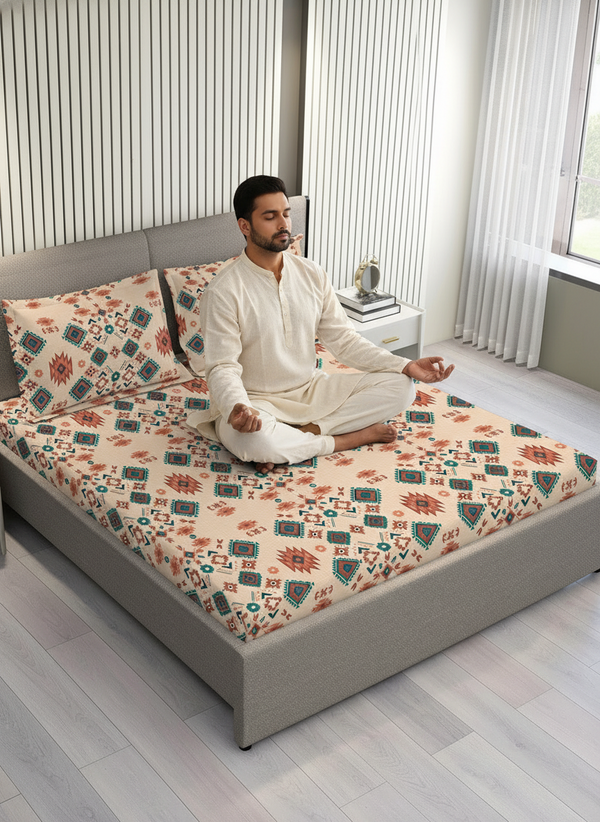 BasicX 100% Cotton 120 TC Beige Ethnic King Size Bedsheet with 2 Pillow Covers