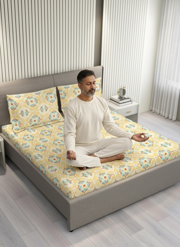 BasicX 100% Cotton 120 TC Yellow Floral Double Size Bedsheet with 2 Pillow Covers