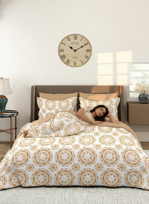 Home Easy 100% Cotton 144 TC White Beige Ethnic Double Size Bedsheet with 2 Pillow Covers