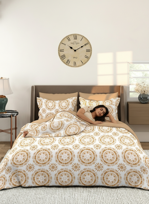 Home Easy 100% Cotton 144 TC White Beige Ethnic Double Size Bedsheet with 2 Pillow Covers