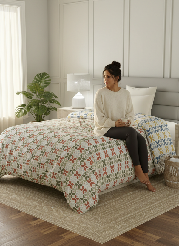 Reversible Single Comforter, 100% Cotton 140 TC, Multicolor Geometrical, For Mild Winter & All Season Lumina Floret