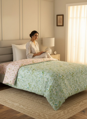 Reversible Single Comforter, 100% Cotton 140 TC, Pink & Green Floral, For Mild Winter & All Season Lumina Floret
