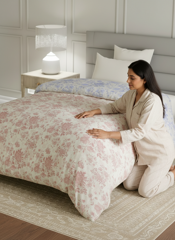 Reversible Single Comforter, 100% Cotton 140 TC, Pink & Blue Floral, For Mild Winter & All Season Lumina Floret