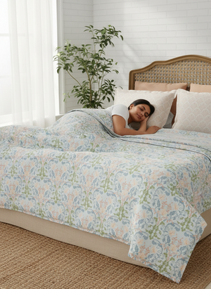 100% Cotton 180 TC, King Size Blue & Peach Bedsheet with 2 Pillow Covers, Pure Nest Collection (Floral Print)