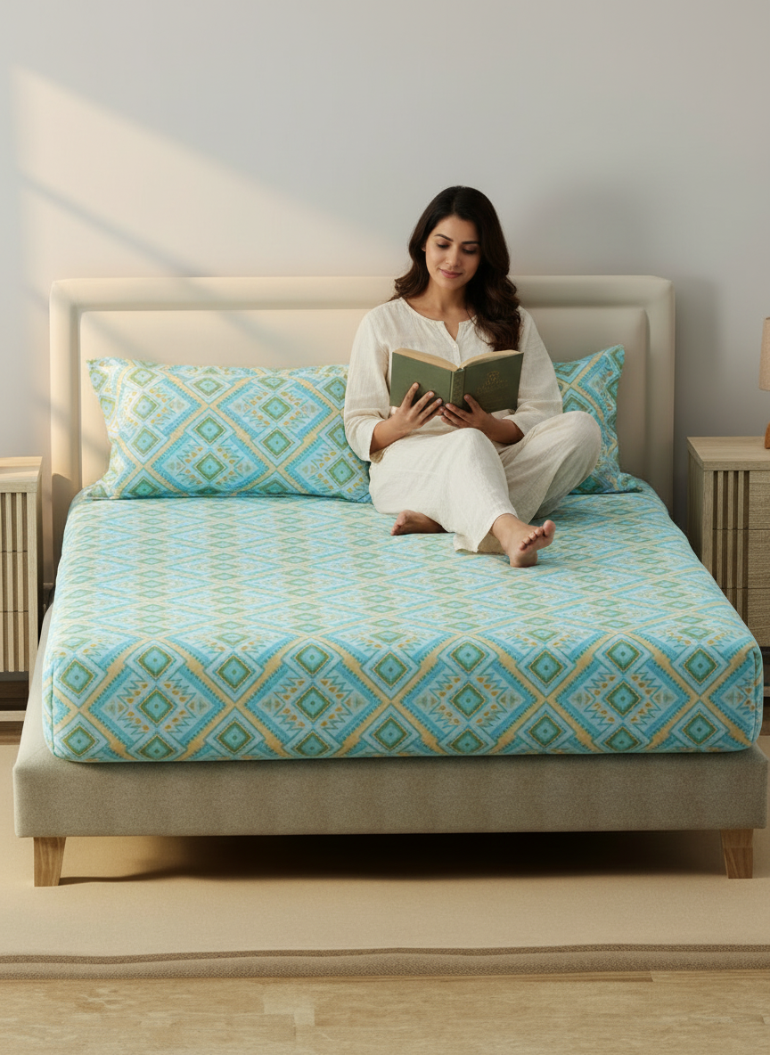 King Fitted Sheet Set, 100% Cotton 140 TC, Blue Geometrical, Home Easy