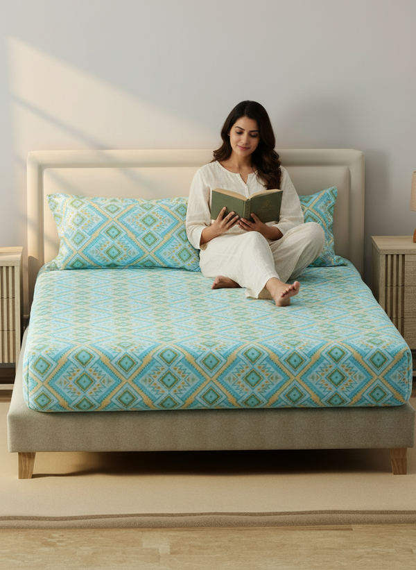 King Fitted Sheet Set, 100% Cotton 140 TC, Blue Geometrical, Home Easy