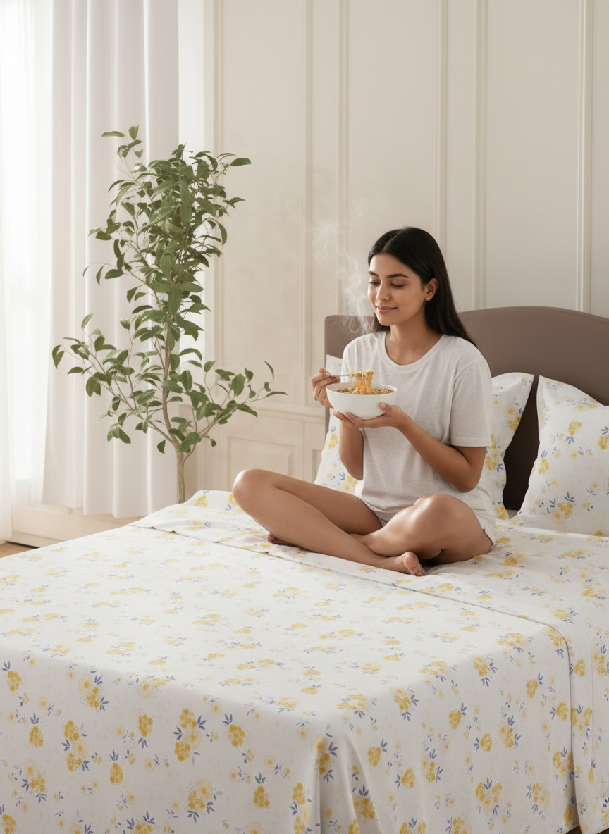 Lumina Floret 100% Cotton 144 TC White & Yellow Floral Double Bedsheet with 2 Pillow Covers