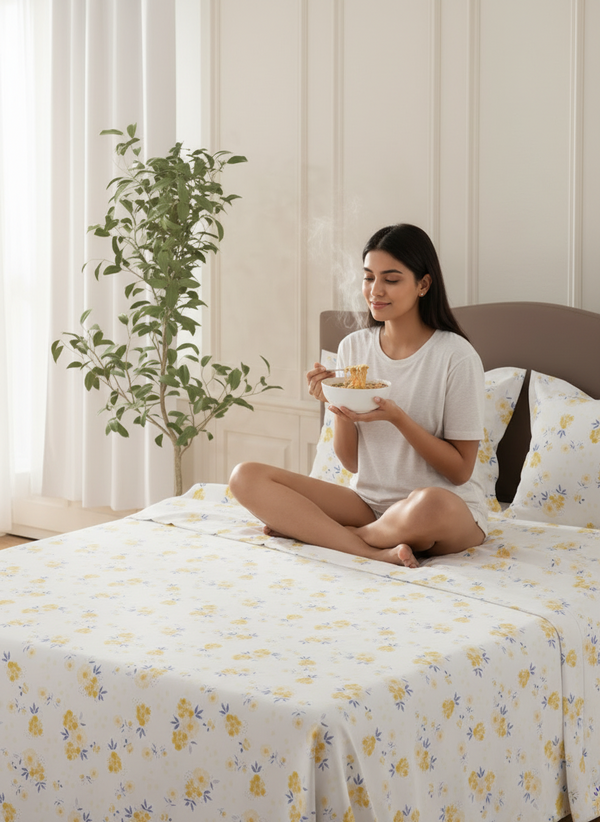 Lumina Floret 100% Cotton 144 TC White & Yellow Floral Double Bedsheet with 2 Pillow Covers