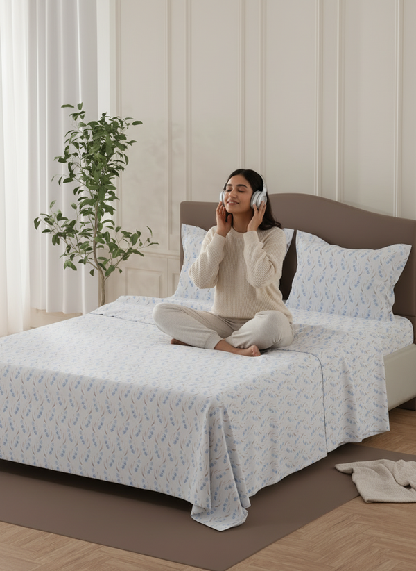 Lumina Floret 100% Cotton 144 TC Blue Floral Double Bedsheet with 2 Pillow Covers