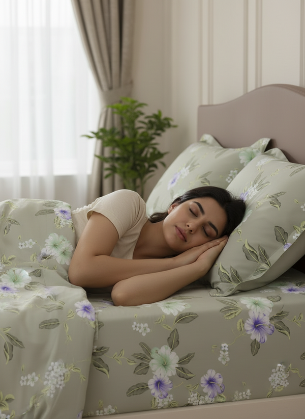 Lumina Floret 100% Cotton 144 TC Grey & Purple Floral Double Bedsheet with 2 Pillow Covers