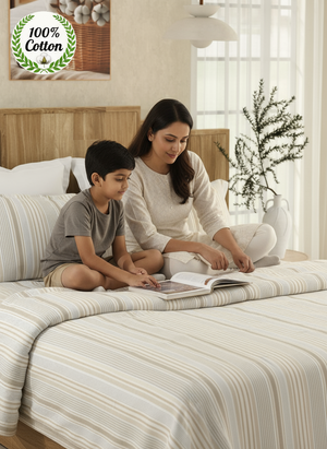 King Size Bedsheet Set, 100% Cotton 200 TC Beige Textured Stripe Natural Printed