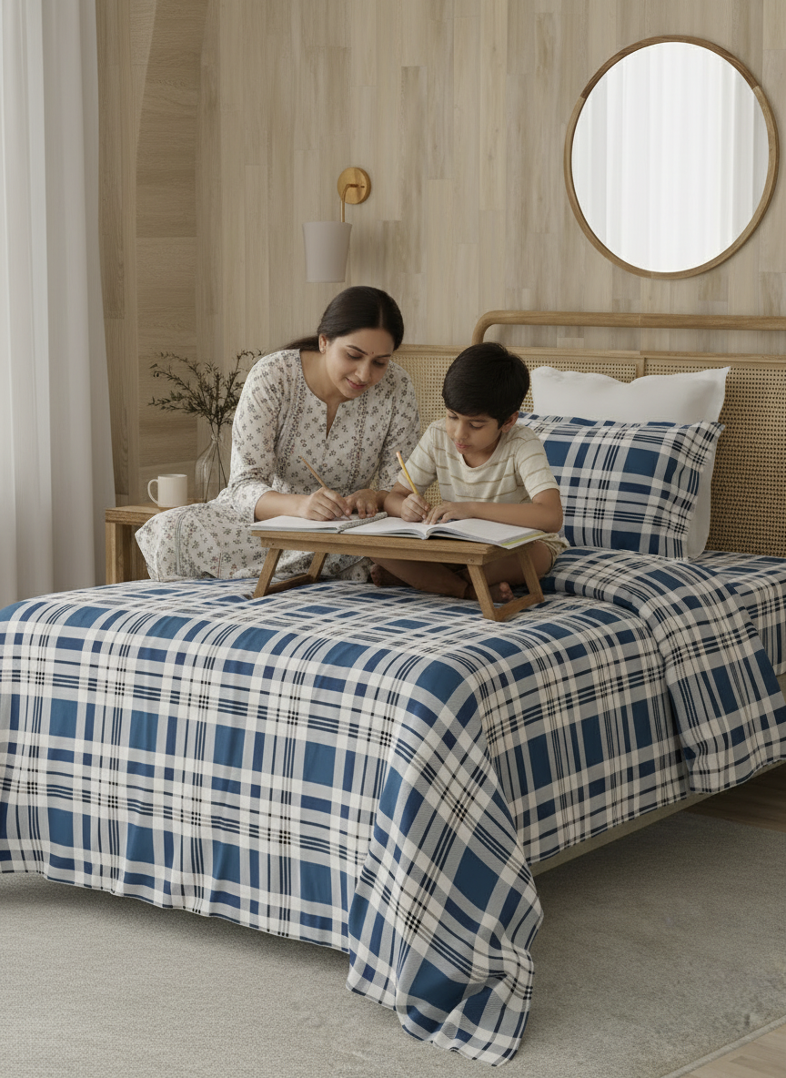 Zen 225 CVC Navy Checkered Single Size Bedsheet with 1 Pillow Cover