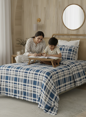 Zen 225 CVC Navy Checkered Single Size Bedsheet with 1 Pillow Cover