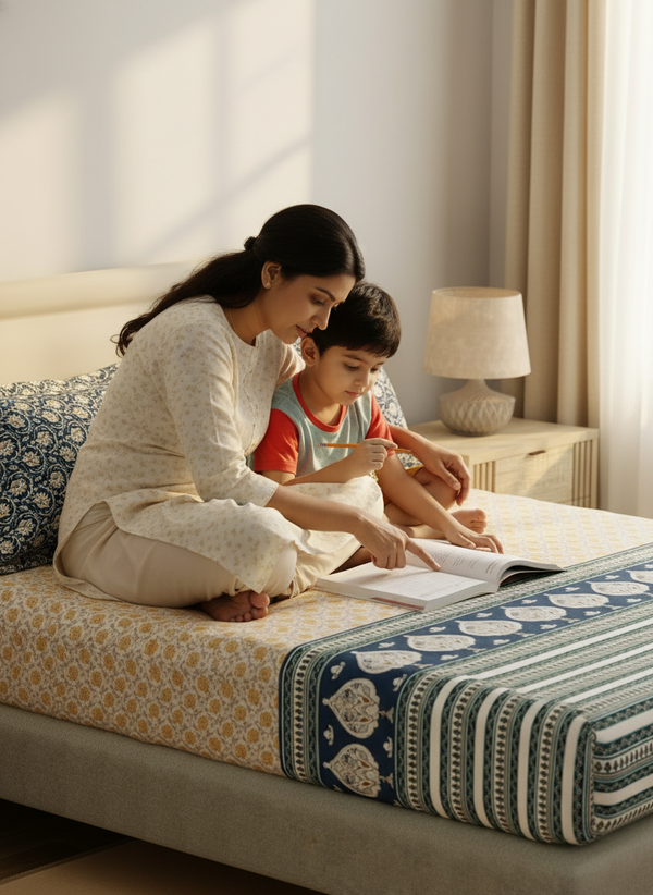 BasicX 100% Cotton 120 TC Blue & Yellow Floral King Bedsheet with 2 Pillow Covers