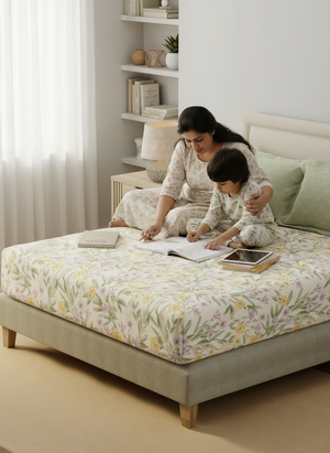 BasicX 100% Cotton 120 TC Green & White Floral King Bedsheet with 2 Pillow Covers