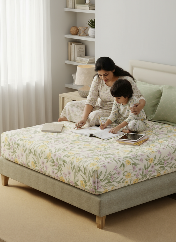 BasicX 100% Cotton 120 TC Green & White Floral King Bedsheet with 2 Pillow Covers