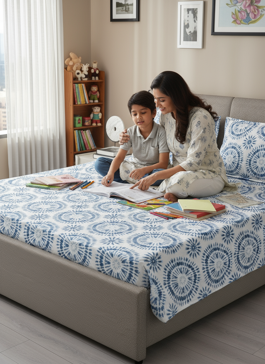 Lumina Floret 100% Cotton 144 TC Blue Geometrical Double Size Bedsheet with 2 Pillow Covers