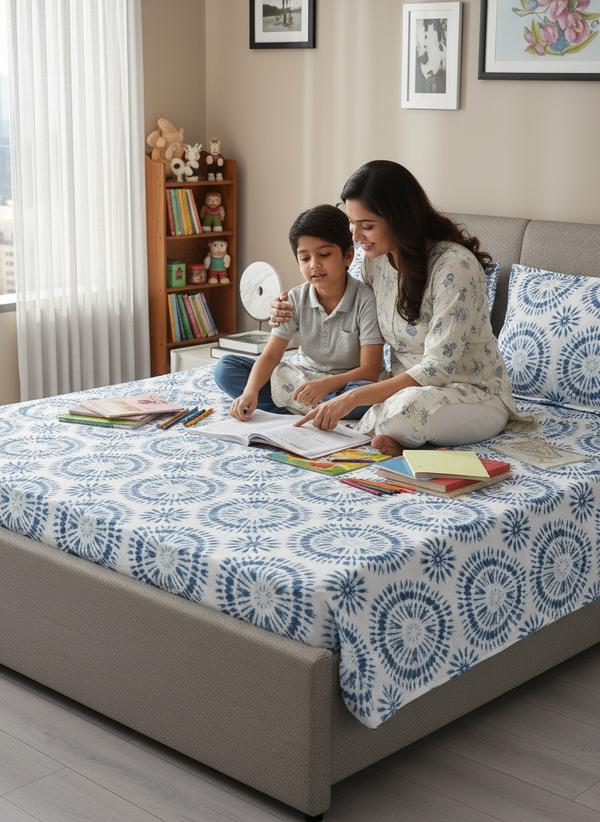 Lumina Floret 100% Cotton 144 TC Blue Geometrical Double Size Bedsheet with 2 Pillow Covers