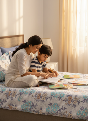 BasicX 100% Cotton 120 TC Blue Floral King Size Bedsheet with 2 Pillow Covers