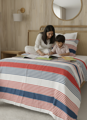 Zen 225 CVC Red & Blue Fun Stripes Single Size Bedsheet with 1 Pillow Cover