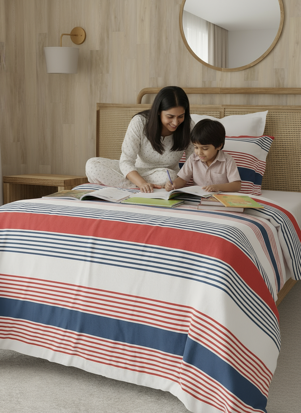 Zen 225 CVC Red & Blue Fun Stripes Single Size Bedsheet with 1 Pillow Cover