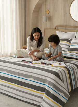 Zen 225 CVC Grey Brush Stripes King Size Bedsheet with 2 Pillow Covers