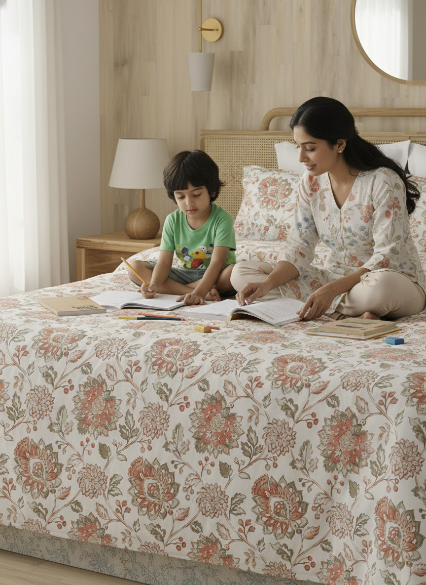 Zen 225 CVC Multicolor Floral Double Size Bedsheet with 2 Pillow Covers (Jacobean)