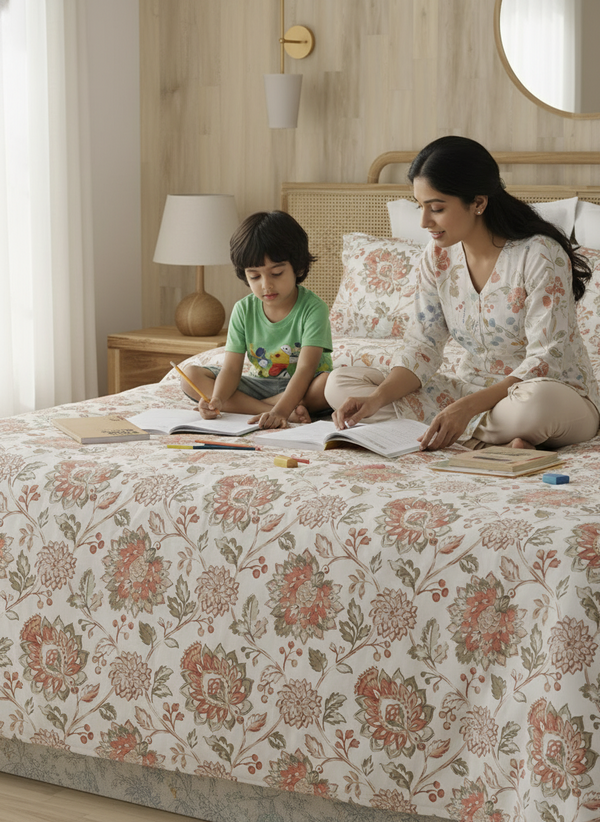 Zen 225 CVC Multicolor Floral Double Size Bedsheet with 2 Pillow Covers (Jacobean)