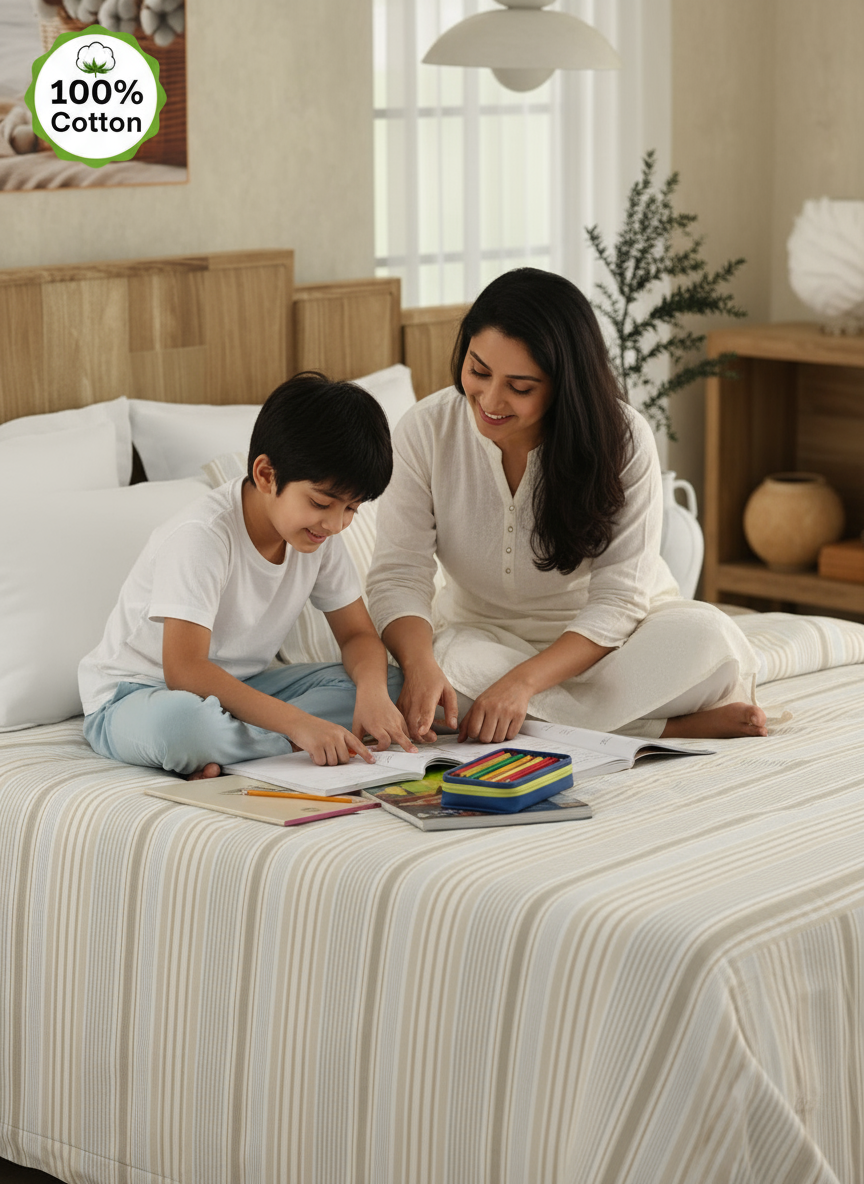 Double Size Bedsheet Set, 100% Cotton 200 TC Beige Textured Stripe Natural Printed