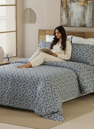 Double Size Bedsheet Set, 100% Cotton 144 TC Navy Titan Tile Print, Emaline Collection