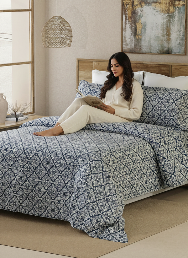 Double Size Bedsheet Set, 100% Cotton 144 TC Navy Titan Tile Print, Emaline Collection