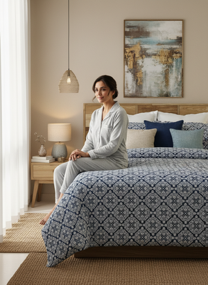 King Size Bedsheet Set, 100% Cotton 144 TC Navy Titan Tile Printed, Emaline Collection