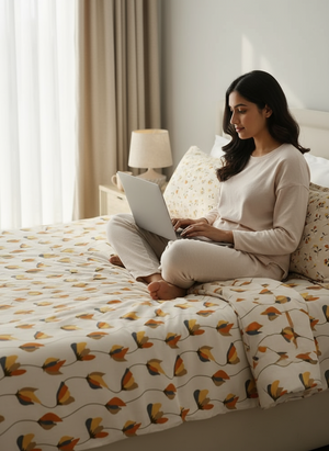 100% Cotton 120 TC, Double Size Grey & Cream Bedsheet with 2 Pillow Covers (Floral Print)