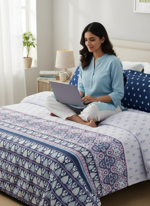 100% Cotton 120 TC, King Size White & Blue Bedsheet with 2 Pillow Covers, Forever Collection (Ethnic Print)