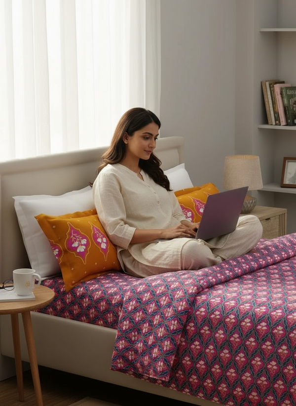 100% Cotton 120 TC, Double Size Blue & Pink Bedsheet with 2 Pillow Covers (Floral Print)