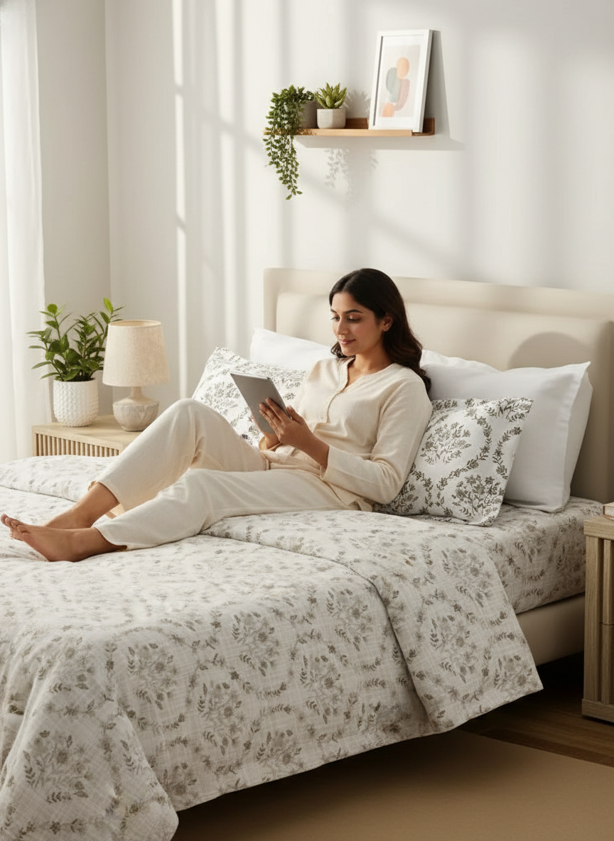 100% Cotton 120 TC, King Size Beige Bedsheet with 2 Pillow Covers, Forever Collection (Floral Print)