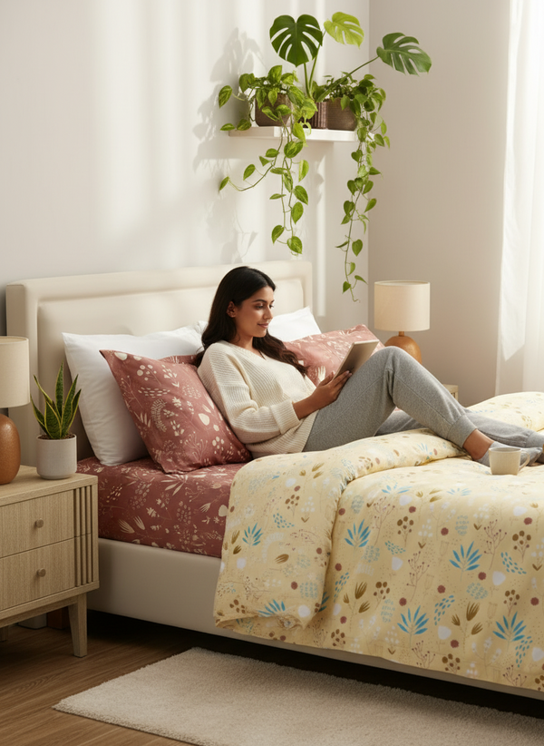 100% Cotton 120 TC, King Yellow & Brown Bedsheet with 2 Pillow Covers, Forever Collection (Floral Print)