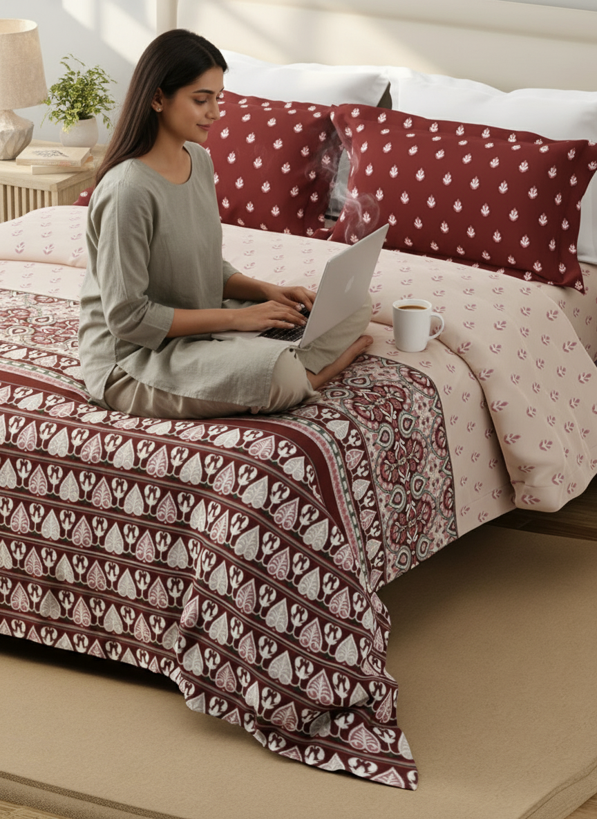 100% Cotton 120 TC, King Size Maroon & White Bedsheet with 2 Pillow Covers, Forever Collection (Ethnic Print)