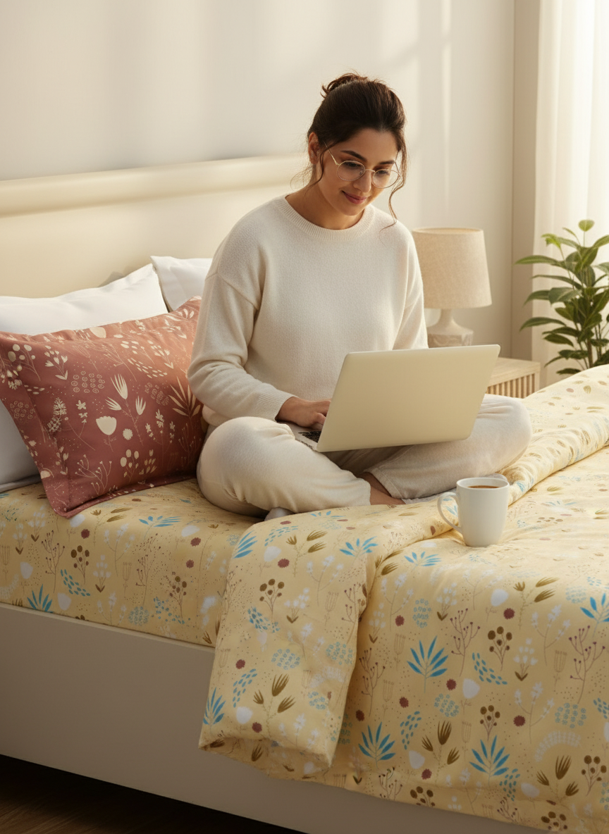 100% Cotton 120 TC, King Yellow & Brown Bedsheet with 2 Pillow Covers, Forever Collection (Floral Print)