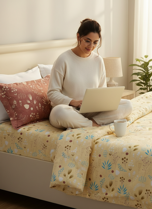 100% Cotton 120 TC, King Yellow & Brown Bedsheet with 2 Pillow Covers, Forever Collection (Floral Print)