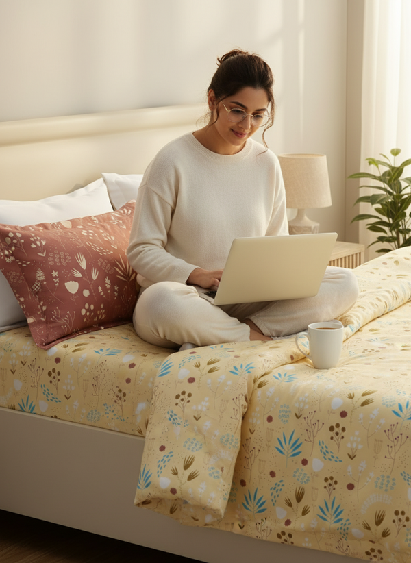 100% Cotton 120 TC, King Yellow & Brown Bedsheet with 2 Pillow Covers, Forever Collection (Floral Print)