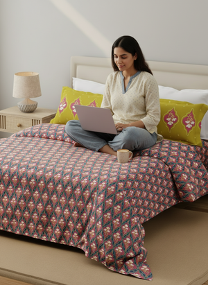 100% Cotton 120 TC, Double Size Pink & Blue Bedsheet with 2 Pillow Covers (Floral Print)